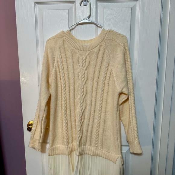 Pink Laura Boutique Cream Cable Knit Sweater Dress With Chiffon Skirt Large - Picture 2 of 5
